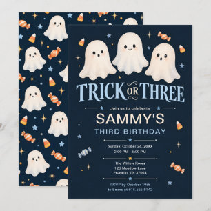 Trick or Three Blue Ghost Halloween 3rd Birthday Invitation