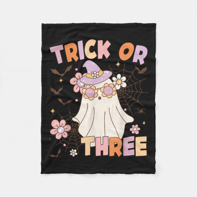 Trick Or Three Cute Ghost Groovy 3rd Birthday Soky Fleece Blanket (Front)