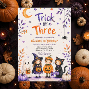 Trick or Three Cute Halloween 3rd Birthday Party Invitation