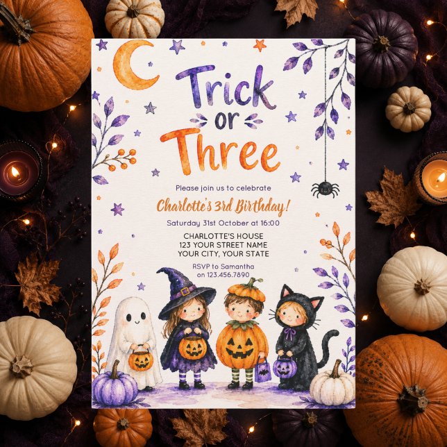 Trick or Three Cute Halloween 3rd Birthday Party Invitation (Creator Uploaded)