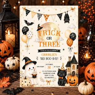Trick or Three Cute Halloween Ghost 3rd Birthday Invitation