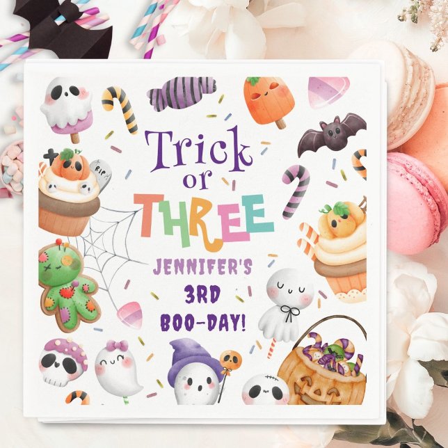 Trick or Three! Cute Purple Halloween 3rd Birthday Napkin (Creator Uploaded)
