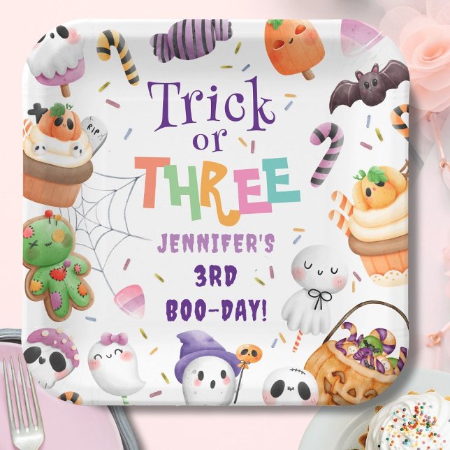 Trick or Three! Cute Purple Halloween 3rd Birthday Paper Plate (Creator Uploaded)