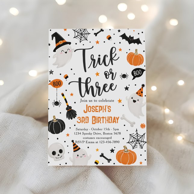Trick or Three Halloween 3rd Birthday Party Cute Invitation (Creator Uploaded)