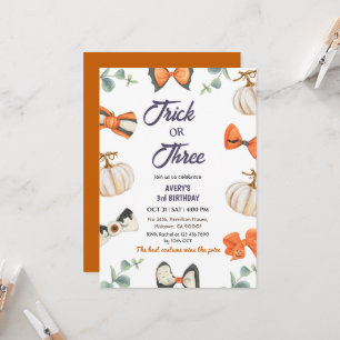 Trick or Three Halloween Birthday Pumpkin Bow cute Invitation