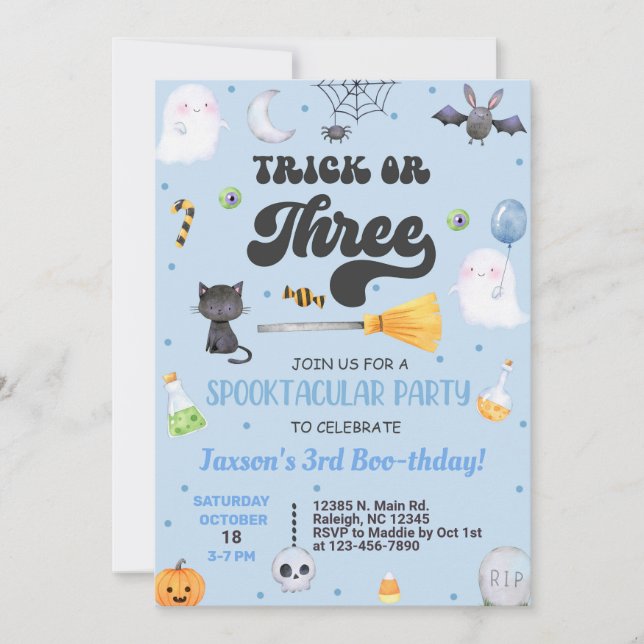 Trick or Three Halloween boy 3rd birthday invite. Invitation (Front)