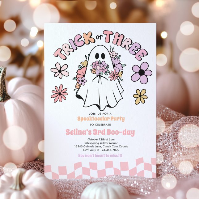 Trick or Three Halloween Floral Ghost 3rd Birthday Invitation (Creator Uploaded)