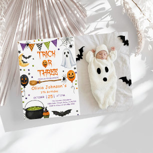 Trick Or Three Halloween Groovy Ghost 3rd Birthday Invitation