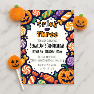 Trick or Three Kids Candy Halloween 3rd Birthday Invitation
