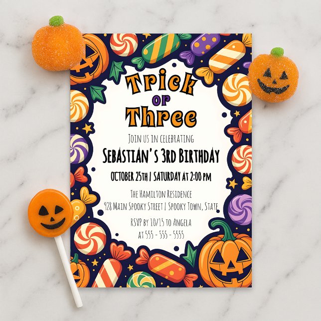 Trick or Three Kids Candy Halloween 3rd Birthday Invitation (Creator Uploaded)