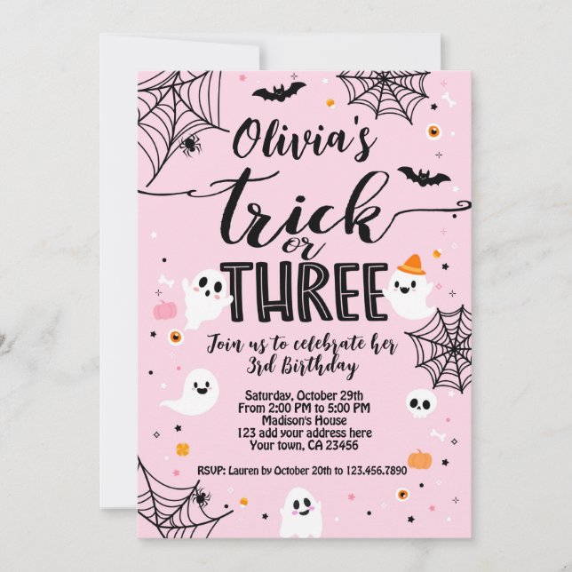 Trick or Three Pink Halloween Cute Ghost Invitation (Front)