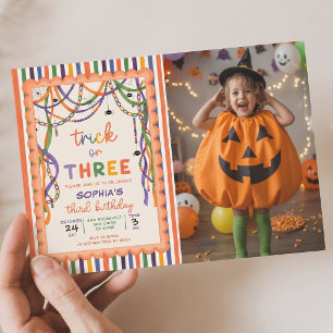 Trick Or Three Third Birthday Colourful Halloween Invitation