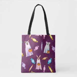 Trick or Treat Animal Ghost Friends on Purple Pink Tote Bag