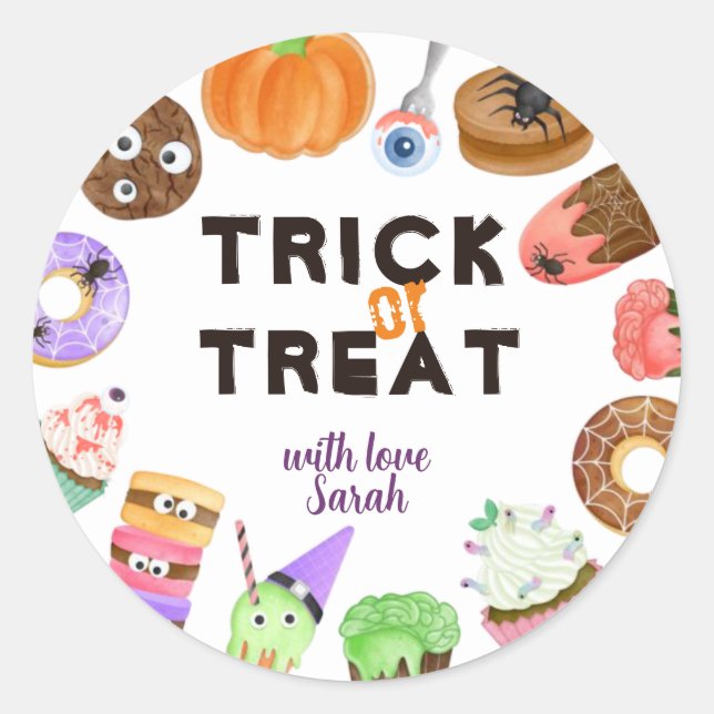 Trick or Treat Bag Label, Monsters, Halloween Classic Round Sticker (Front)