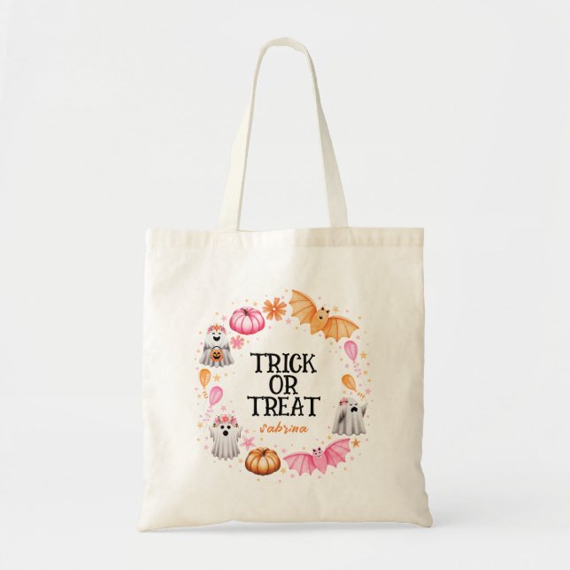 Trick Or Treat Bats, Ghosts and Pumpkins Halloween Tote Bag (Front)