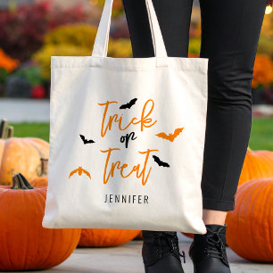 Trick Or Treat Black And Orange Typography & Bats Tote Bag