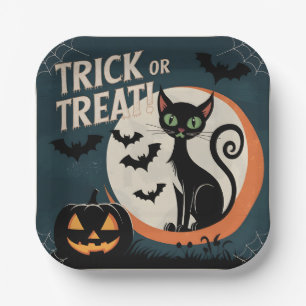 Trick or treat black cat paper plate