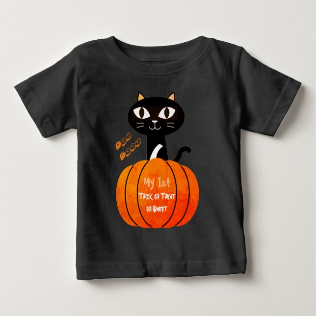 Trick or Treat Black Cat Pumpkin My 1st Halloween Baby T-Shirt (Front)