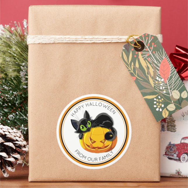 Trick or Treat Black Cat & Scary Pumpkin Halloween Classic Round Sticker (Holiday)