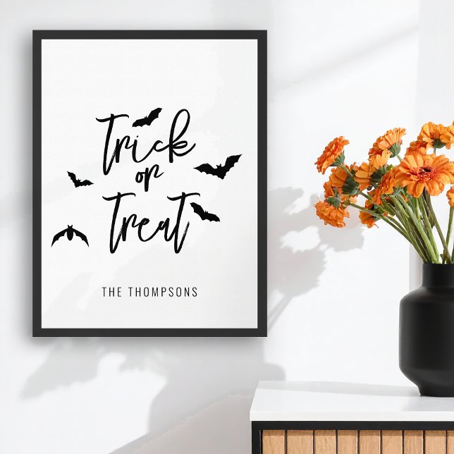 Trick Or Treat Black Script With Bats Halloween Poster (Disclaimer: This image is a digital mockup.)