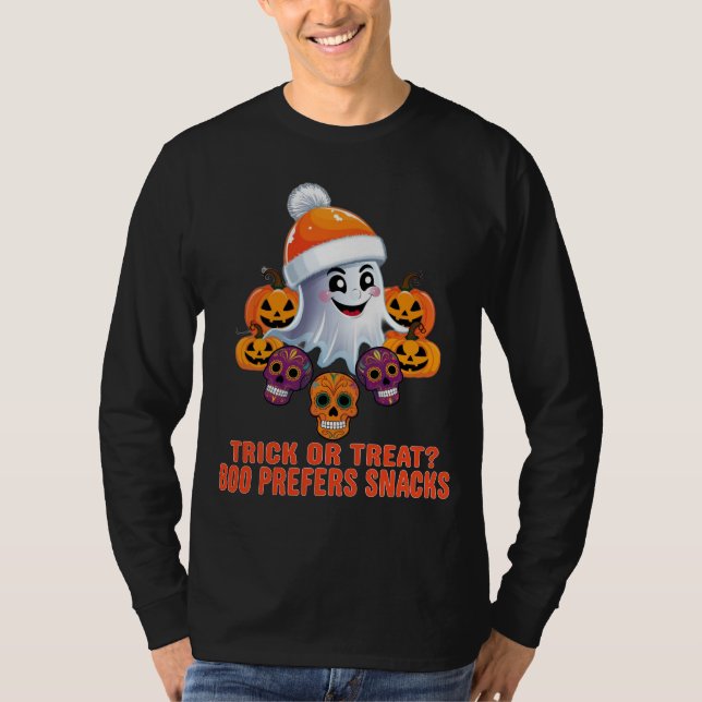 Trick or Treat Boo Funny Quote Halloween Party T-Shirt (Front)