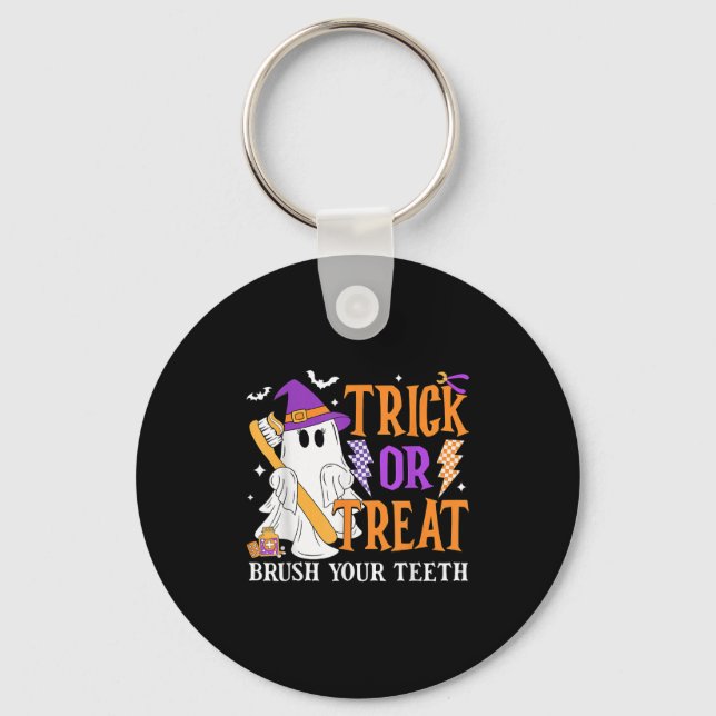 Trick Or Treat Brush Your Teeth Cute Ghost Hallowe Key Ring (Front)