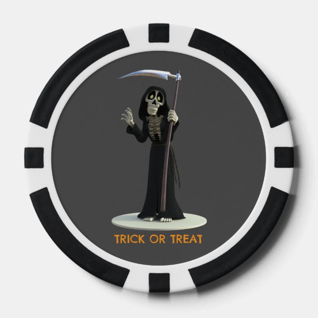 Trick or Treat. Cartoon Grim Reaper Poker Chips (Front)