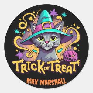 Trick or Treat Cat - Night Owl Pink Black Classic Round Sticker