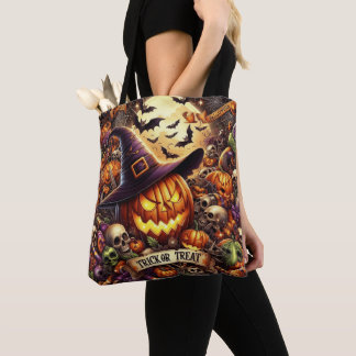 TRICK OR TREAT COLORFUL HALLOWEEN SKULLS TOTE BAG