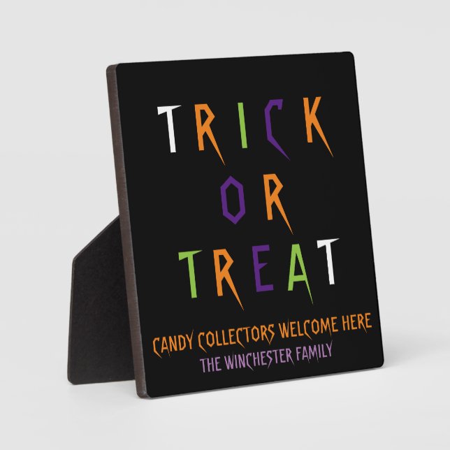 Trick or treat colourful funny spooky custom text plaque (Front)