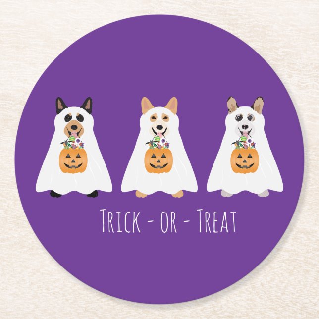 Trick Or Treat Corgi Ghost Dogs Halloween Round Paper Coaster (Front)