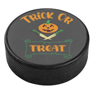 Trick or treat crossbones Halloween pumpkin face Hockey Puck