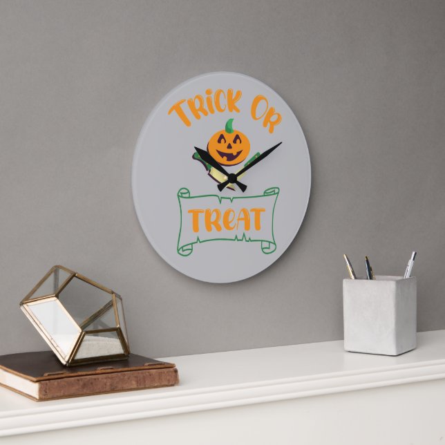Trick or treat crossbones Halloween pumpkin face Large Clock (Office)