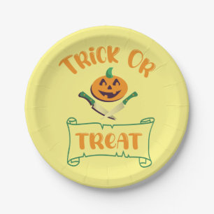 Trick or treat crossbones Halloween pumpkin face Paper Plate