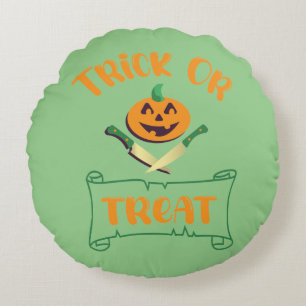 Trick or treat crossbones Halloween pumpkin face Round Cushion