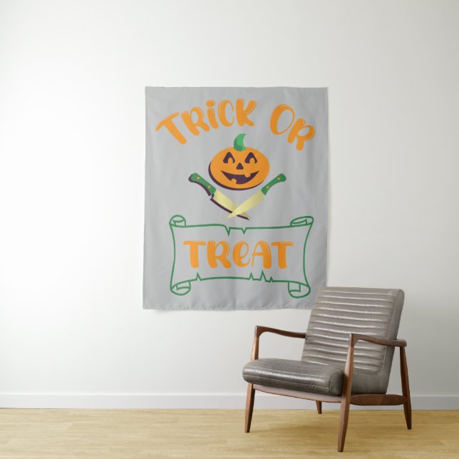 Trick or treat crossbones Halloween pumpkin face Tapestry (In Situ)
