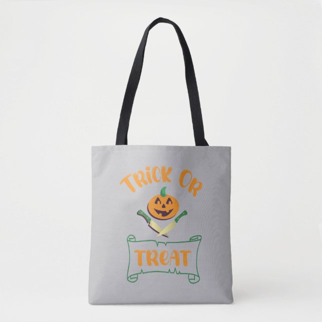 Trick or treat crossbones Halloween pumpkin face Tote Bag (Front)