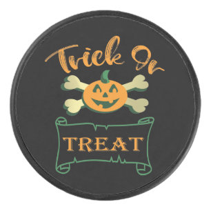 Trick or treat crossbones Halloween pumpkin  Hockey Puck