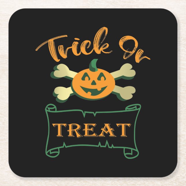 Trick or treat crossbones Halloween pumpkin  Square Paper Coaster (Front)
