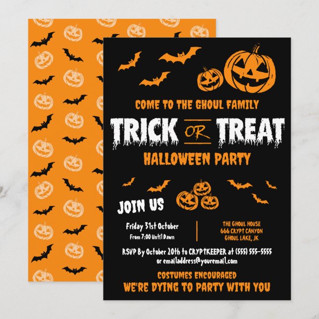 Trick or Treat Customisable Party Invitation A  (Front/Back)
