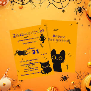 Trick or Treat Cute Black Cat Halloween Invitation