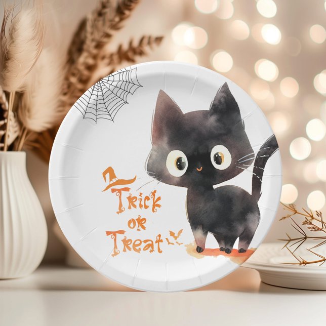 Trick or Treat Cute black cat Halloween party Paper Plate (Creator Uploaded)