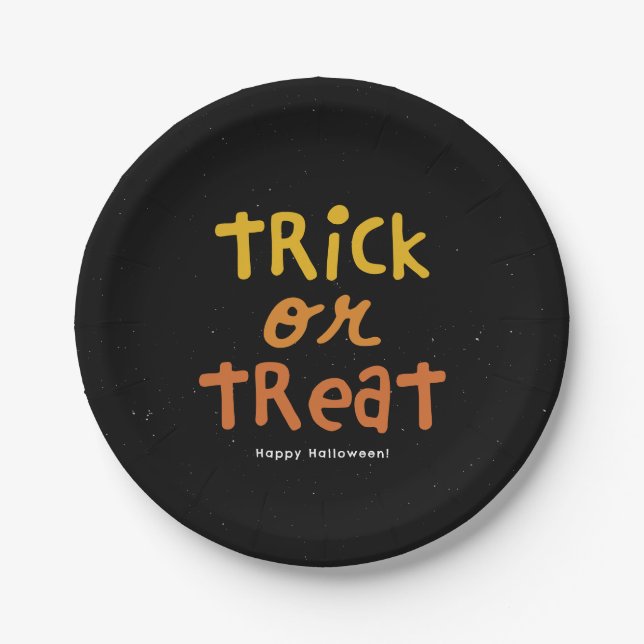Trick or treat cute black orange Halloween party Paper Plate (Front)