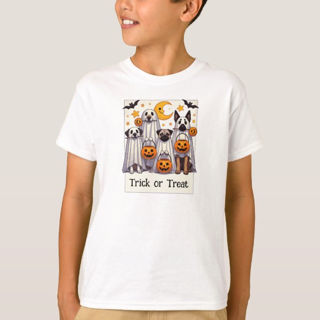 Trick or Treat Cute Dogs in Ghost Costumes T-Shirt (Front)