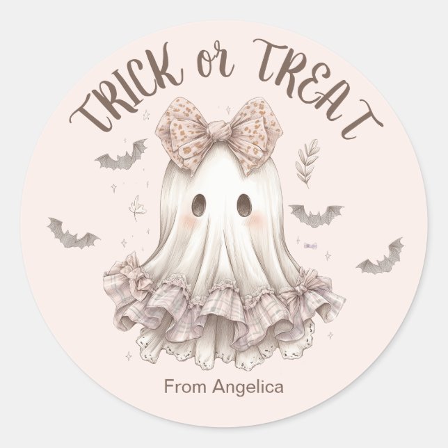 Trick or Treat Cute Ghost Girl Pastel Halloween Classic Round Sticker (Front)