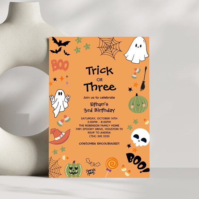 Trick or Treat Cute Ghost Halloween 3rd Birthday  Invitation (Trick or Treat Cute Ghost Halloween 3rd Birthday Invitation )