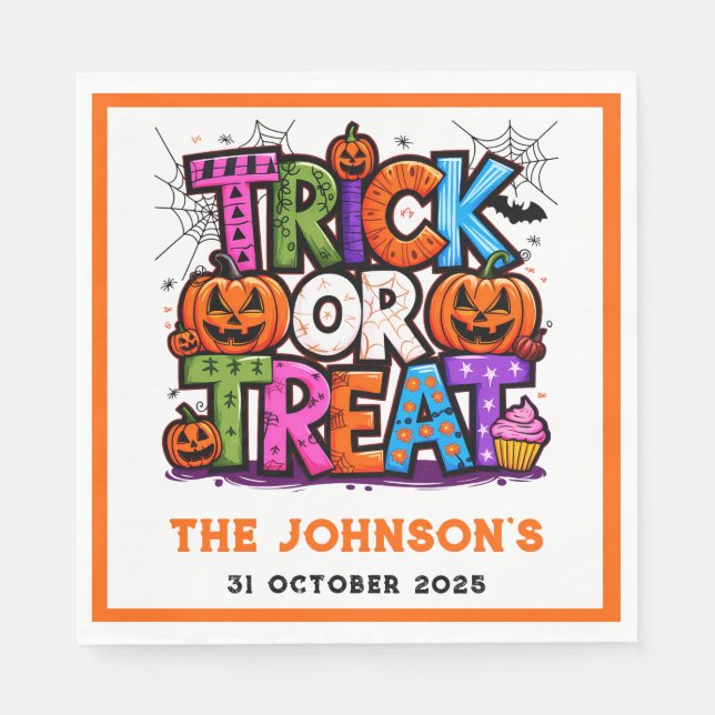 TRICK OR TREAT | Cute Halloween Bash Party Napkin (Front)