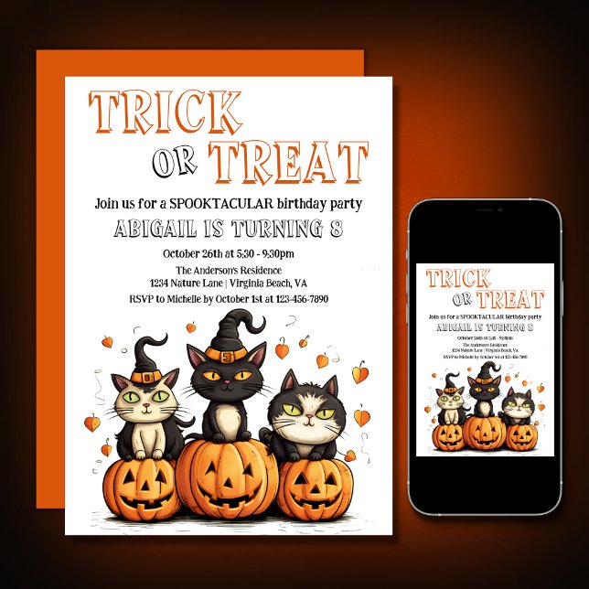 Trick or Treat Cute Halloween Cats Birthday Invitation (Printed and Digital - Trick or Treat Cute Halloween Cats Birthday Invitation)