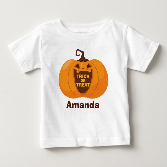 Trick or Treat Cute Halloween Funny Orange Pumpkin Baby T-Shirt (Front)