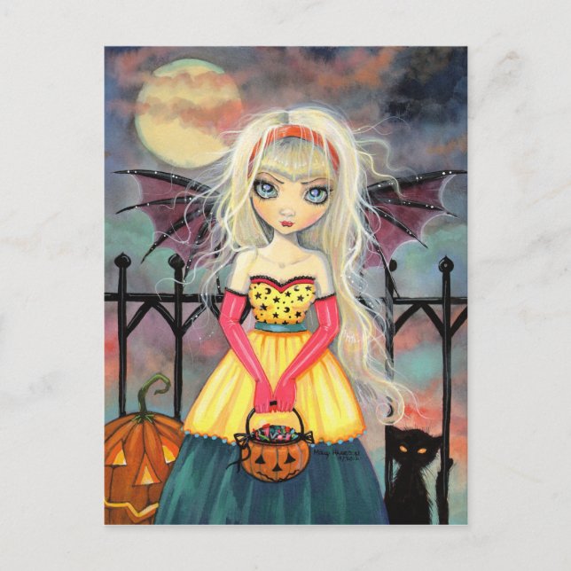 Trick or Treat Cute Halloween Vampire and Cat Postcard (Front)